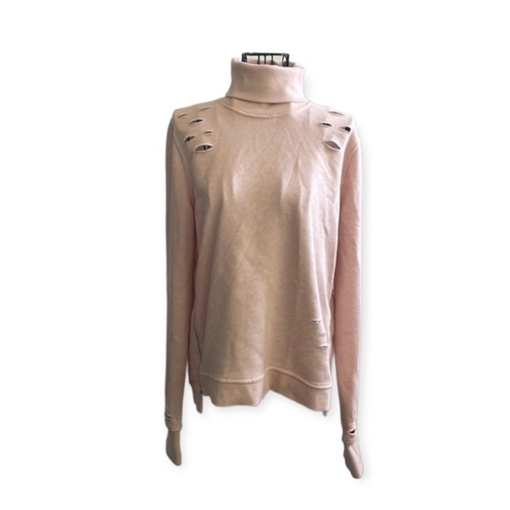 Rose pink distressed cute rips & tears all cotton turtleneck boho sweatshirt S